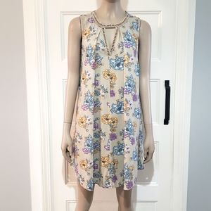 Umgee Womens S Babydoll Floral Mini Dress Keyhole Crochet Trim Beige Purple Blue